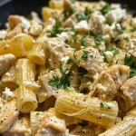 ['A close-up view of creamy chicken feta pasta served in a bowl with fresh parsley on top.', 'Delicious creamy pasta with chicken and crumbled feta cheese, garnished with parsley.', 'Side view of a dish featuring chicken feta pasta with a rich creamy sauce and herbs.', 'Juicy chicken feta pasta close-up, highlighting pasta, feta cheese, and fresh ingredients.']