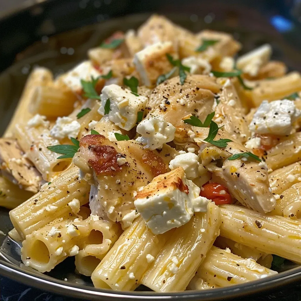 ['A close-up view of creamy chicken feta pasta served in a bowl with fresh parsley on top.', 'Delicious creamy pasta with chicken and crumbled feta cheese, garnished with parsley.', 'Side view of a dish featuring chicken feta pasta with a rich creamy sauce and herbs.', 'Juicy chicken feta pasta close-up, highlighting pasta, feta cheese, and fresh ingredients.']