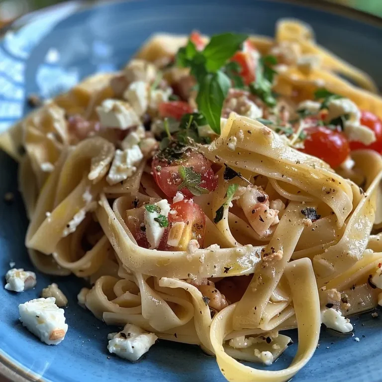 ['Close-up view of creamy chicken feta pasta with fresh parsley.', 'Juicy chicken and feta pasta dish in a bowl, garnished with herbs.', 'Side view of pasta mixed with creamy sauce and chicken pieces.', 'Appetizing presentation of creamy chicken and feta pasta.']