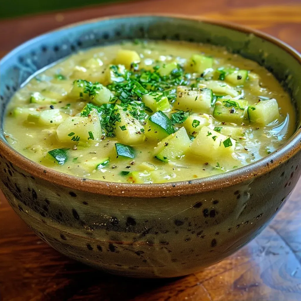 ['Close-up view of creamy potato and zucchini soup topped with herbs and cheese.', 'Side angle of a bowl filled with rich zucchini and potato soup, garnished with thyme.', 'Delicious creamy soup featuring cubed zucchini and yellow potatoes, displayed in a rustic bowl.', 'Creamy soup with visible chunks of zucchini and potato, served in a stylish dish.']