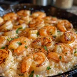 ['Close-up view of creamy garlic shrimp served over rice with a sprinkle of parsley.', 'Juicy shrimp in a creamy garlic sauce alongside fluffy rice, viewed from the side.', 'Dish featuring shrimp in rich cream sauce with rice, garnished with parsley.', 'Side perspective of garlic shrimp with creamy sauce over a bed of rice.']