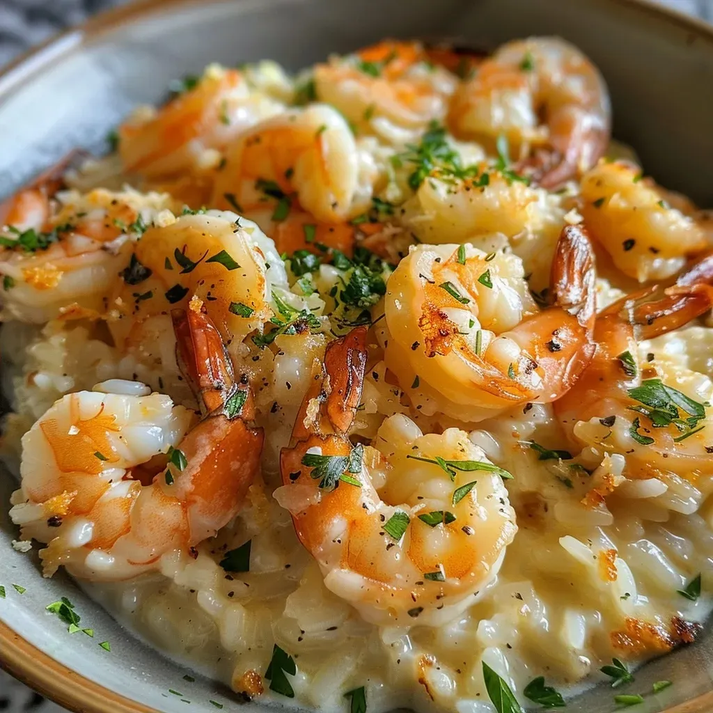 Close-up view of creamy garlic shrimp served over rice with a sprinkle of parsley.