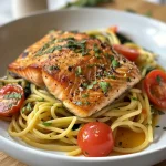 ['Close-up of creamy Tuscan salmon pasta in a bowl, garnished with herbs.', 'Side view of a plate of salmon pasta featuring whole grain pasta and spinach.', 'Juicy salmon pieces mixed with creamy sauce and sun-dried tomatoes in a dish.', 'Freshly prepared Tuscan salmon pasta, highlighting vibrant colors and textures.']