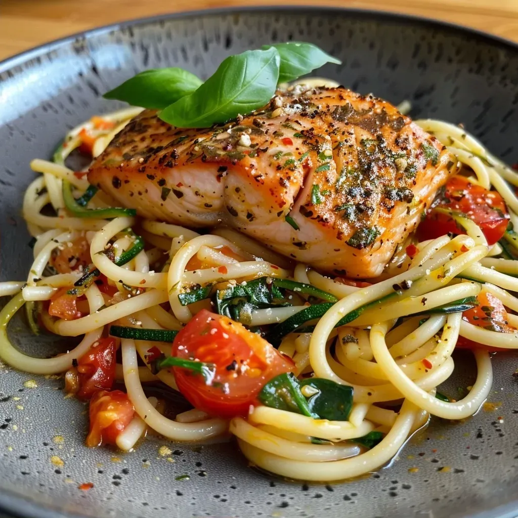 ['Close-up of creamy Tuscan salmon pasta in a bowl, garnished with herbs.', 'Side view of a plate of salmon pasta featuring whole grain pasta and spinach.', 'Juicy salmon pieces mixed with creamy sauce and sun-dried tomatoes in a dish.', 'Freshly prepared Tuscan salmon pasta, highlighting vibrant colors and textures.']
