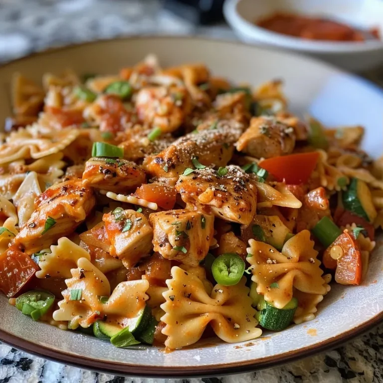 ['Close-up view of creamy spicy chicken pasta featuring vibrant summer vegetables.', 'Delicious looking bowl of chicken pasta with colorful vegetables and a creamy sauce.', 'Juicy farfalle pasta with chicken, bell peppers, zucchini, and jalapeños in a creamy sauce.', 'Side view of a plate showcasing creamy chicken pasta with a medley of fresh vegetables.']