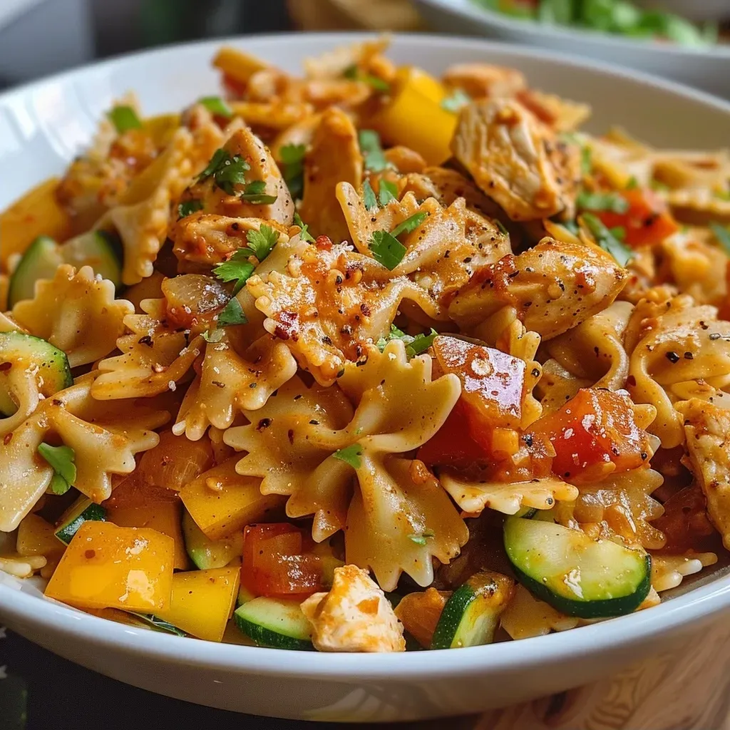 ['Close-up view of creamy spicy chicken pasta featuring vibrant summer vegetables.', 'Delicious looking bowl of chicken pasta with colorful vegetables and a creamy sauce.', 'Juicy farfalle pasta with chicken, bell peppers, zucchini, and jalapeños in a creamy sauce.', 'Side view of a plate showcasing creamy chicken pasta with a medley of fresh vegetables.']