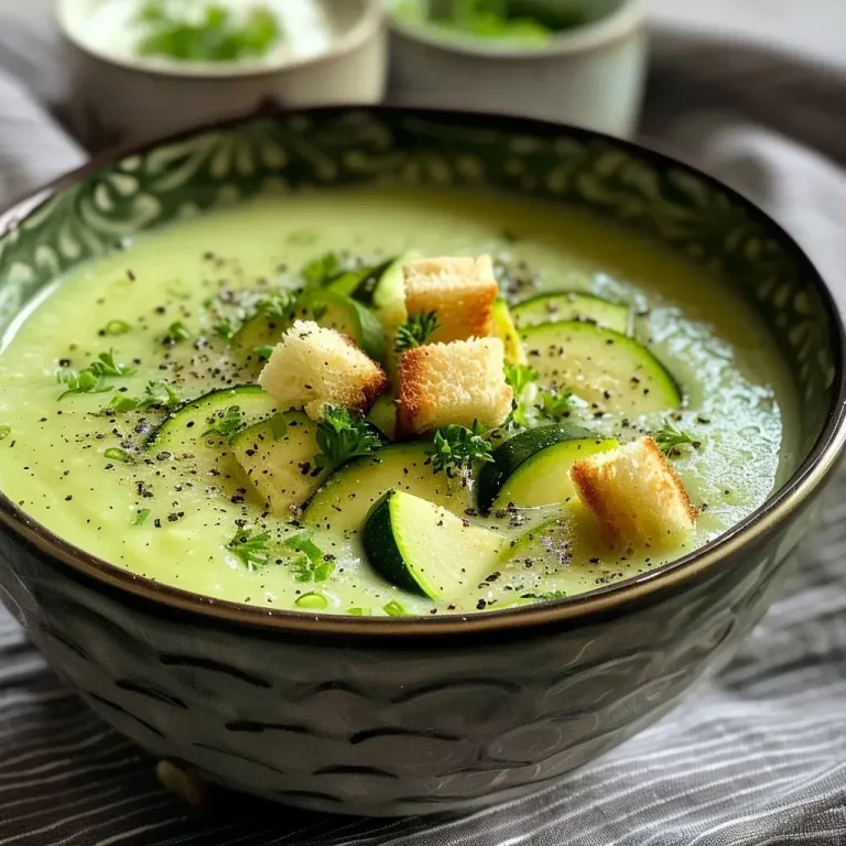 ['Close-up view of a creamy zucchini soup with garnishes in a bowl.', 'A side view of a delicious bowl of zucchini soup with croutons and herbs.', 'Creamy zucchini soup displayed in a rustic bowl with toppings.', 'A vibrant bowl of homemade zucchini soup featuring fresh ingredients.']