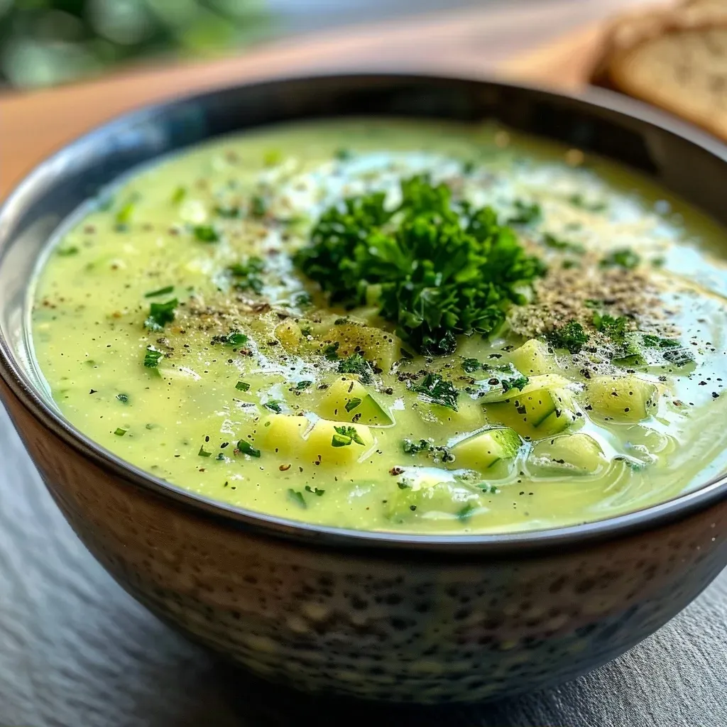 Close-up view of a creamy zucchini soup with garnishes in a bowl.