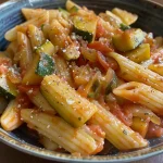 ['Close-up of creamy zucchini tomato pasta with fresh basil on top.', 'Side view of a bowl filled with zucchini and tomato pasta, garnished with basil.', 'Juicy pasta dish featuring zucchini and cherry tomatoes, served in a bowl.', 'Delicious creamy pasta with zucchini and tomatoes, shot from the side.']
