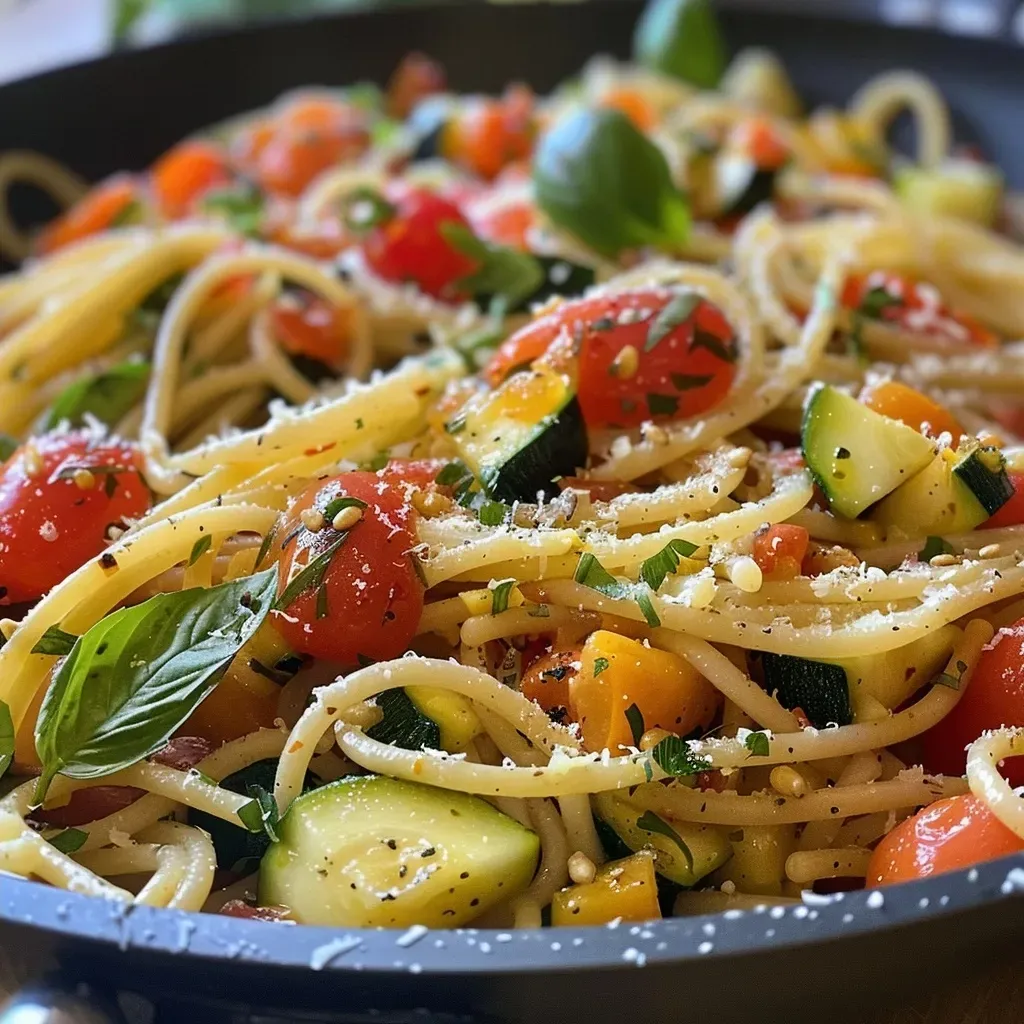 Close-up of creamy zucchini tomato pasta with fresh basil on top.