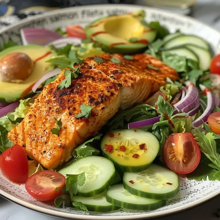 ['Close-up view of a Creamy Bang Bang Salmon Salad featuring salmon, cucumbers, and cherry tomatoes.', 'A vibrant bowl of Creamy Bang Bang Salmon Salad with diced cucumbers and avocado, taken from the side.', 'Detailed image of a Creamy Bang Bang Salmon Salad showcasing textures of salmon and fresh vegetables.', 'Juicy Creamy Bang Bang Salmon Salad presented in a bowl, highlighting its colorful ingredients.']