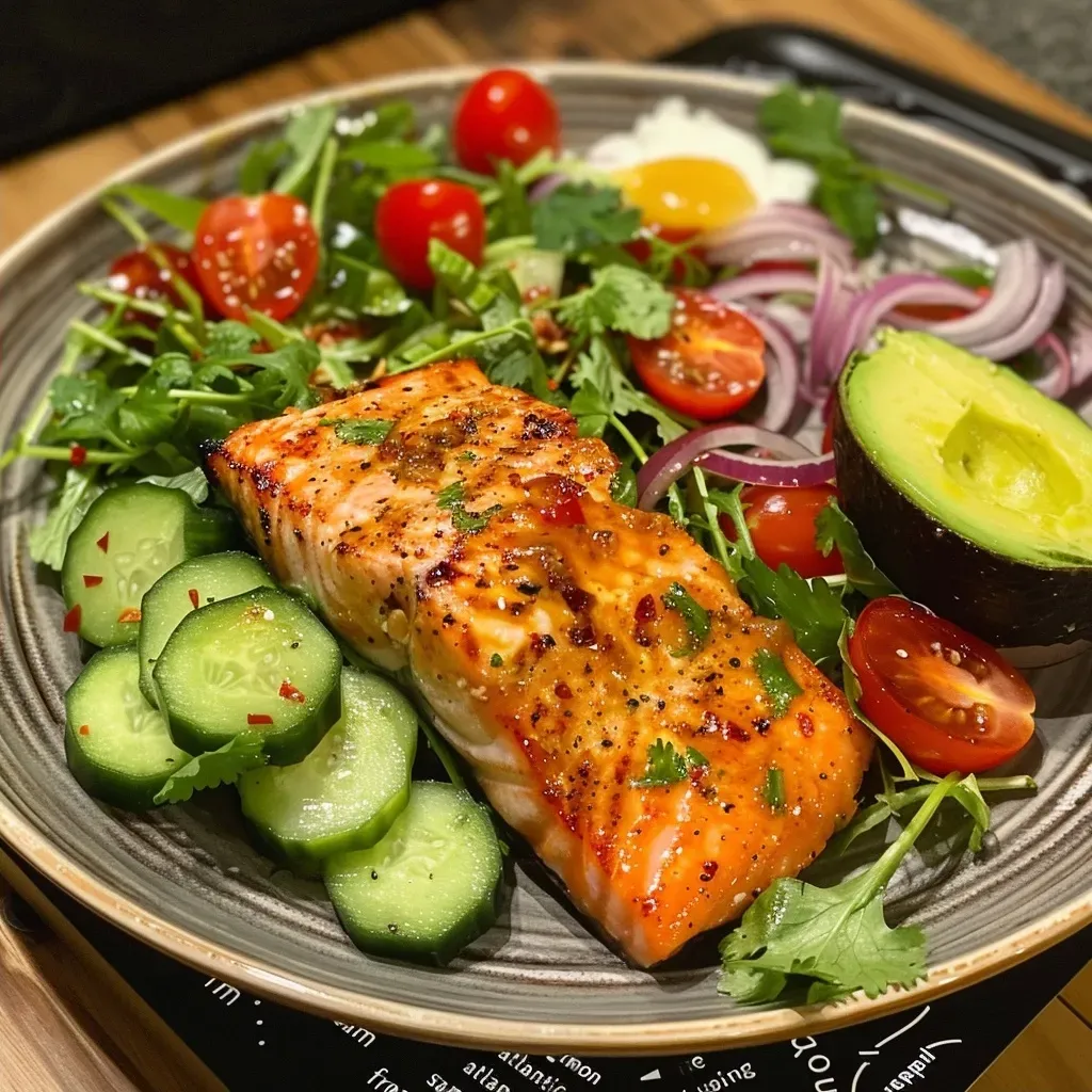 Close-up view of a Creamy Bang Bang Salmon Salad featuring salmon, cucumbers, and cherry tomatoes.
