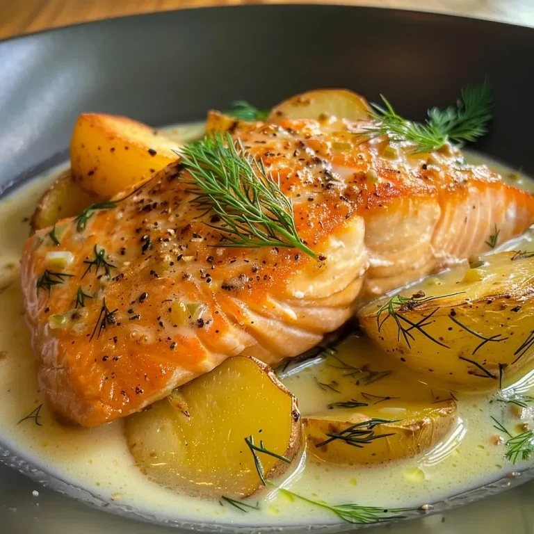 ['Close-up view of a creamy salmon potato casserole, highlighting the golden crust and chunks of salmon.', 'Side angle of a delicious salmon potato bake, showcasing layers of potatoes and a rich creamy sauce.', 'Detailed photo of a salmon and potato gratin with fresh dill and a lemon garnish.', 'Appetizing shot of a freshly baked salmon potato casserole, with a crispy top and visible salmon pieces.']