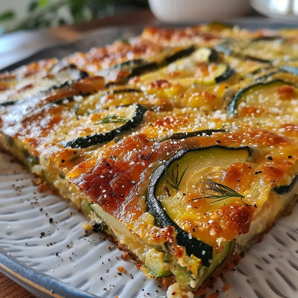 Close-up view of a creamy zucchini casserole with visible layers of vegetables and cheese.