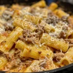 ['A close-up view of creamy Parmesan beef with rigatoni pasta, highlighting the sauce and ingredients.', 'Juicy rigatoni pasta dish topped with creamy Parmesan rind beef, showcased from a side angle.', 'An appetizing presentation of rigatoni pasta and beef in a creamy Parmesan sauce, captured in detail.', 'Side perspective of rich Parmesan beef and rigatoni, emphasizing the texture and colors of the dish.']