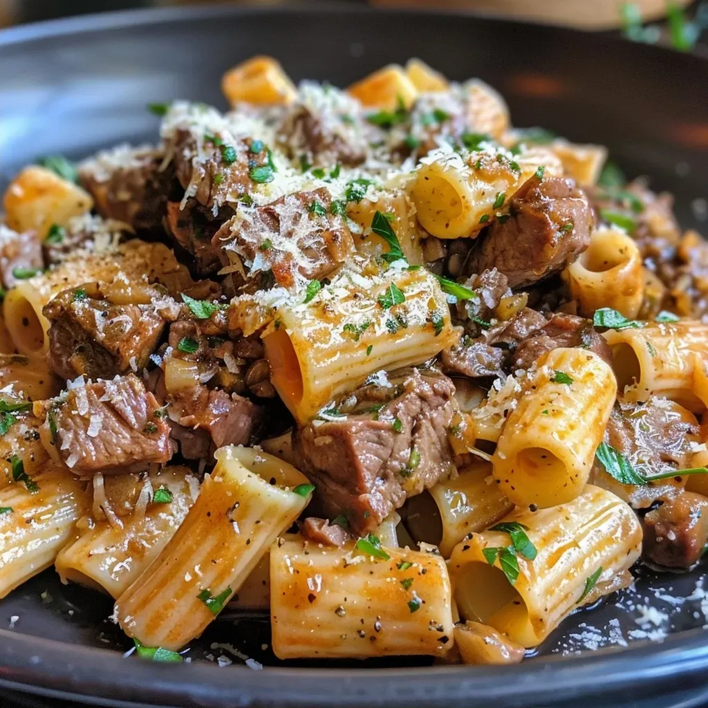 ['A close-up view of creamy Parmesan beef with rigatoni pasta, highlighting the sauce and ingredients.', 'Juicy rigatoni pasta dish topped with creamy Parmesan rind beef, showcased from a side angle.', 'An appetizing presentation of rigatoni pasta and beef in a creamy Parmesan sauce, captured in detail.', 'Side perspective of rich Parmesan beef and rigatoni, emphasizing the texture and colors of the dish.']