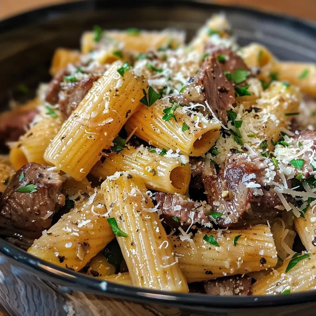 ['Juicy cremiges Parmesan Rindfleisch served with rigatoni, showcasing rich colors and textures.', 'Close-up view of creamy beef and rigatoni dish, highlighting the melty parmesan and fresh ingredients.', 'Side angle of cremiges Parmesan Rindfleisch with rigatoni, featuring vibrant greens and a luscious sauce.', 'Detailed image of rigatoni topped with juicy beef and a creamy parmesan sauce, garnished with vegetables.']