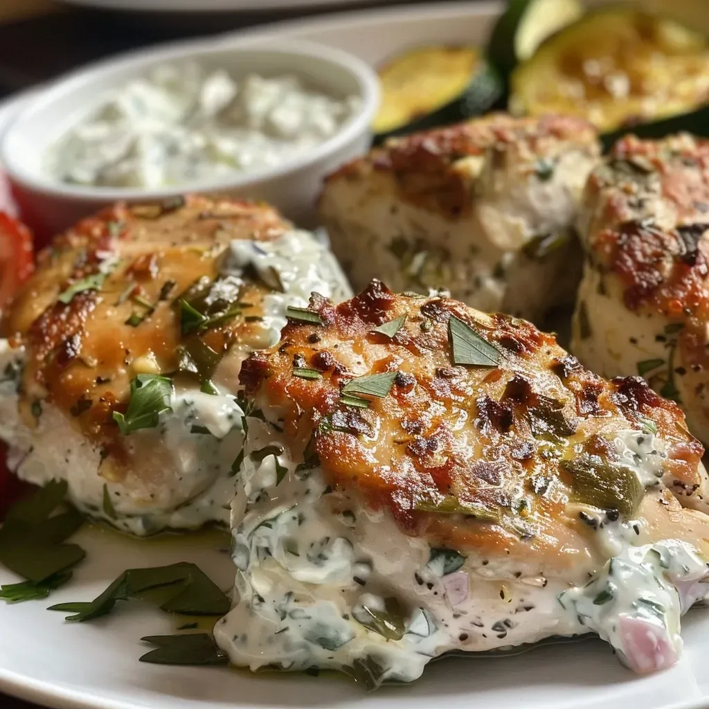 Close-up of a colorful Dump-und-Bake Hähnchen Tzatziki Auflauf with chicken, vegetables, and sauce.
