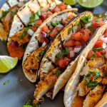 ['Close-up view of grilled chicken tacos topped with pico de gallo and lime wedges.', 'Juicy chicken tacos arranged with vibrant toppings on a plate.', 'A side view of delicious grilled chicken tacos with fresh ingredients.', 'Succulent chicken strips in corn tortillas garnished with cilantro and guacamole.']