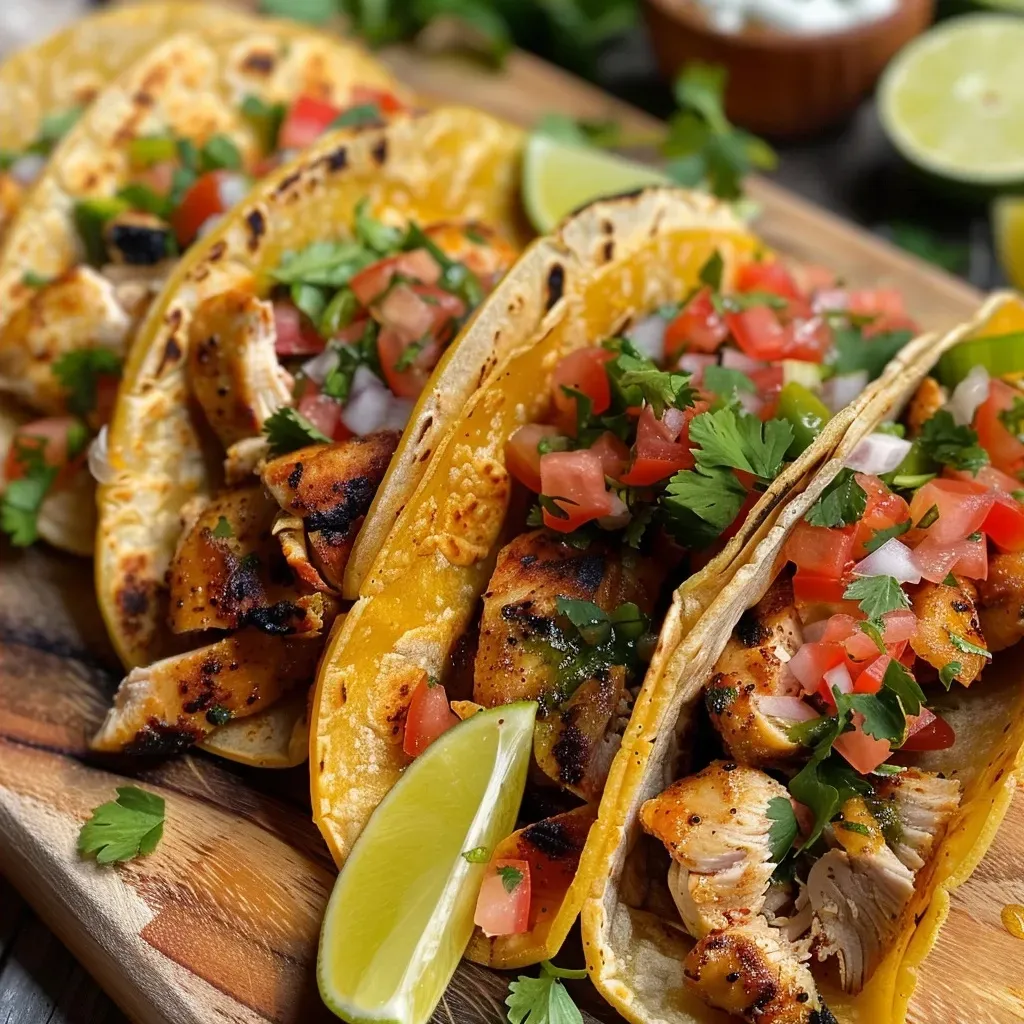 Close-up view of grilled chicken tacos topped with pico de gallo and lime wedges.