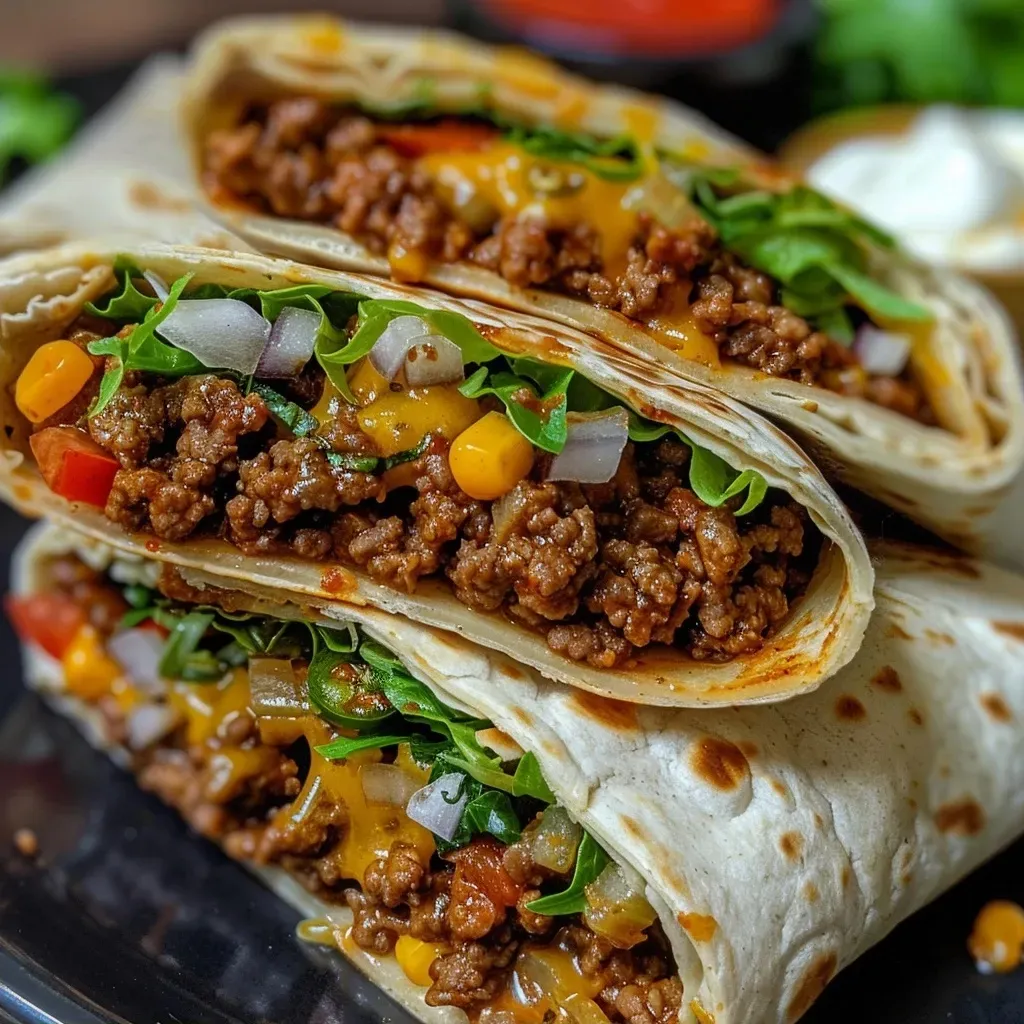 Close-up view of a beef wrap filled with ground beef, lettuce, and cheese on a soft tortilla.