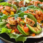 ['Close-up view of a low-carb shrimp wrap with fresh ingredients like avocado, lettuce, and cheese.', 'Side view of a colorful shrimp wrap showcasing shrimp, vegetables, and sauces on a flat surface.', 'Juicy shrimp wrap filled with vibrant vegetables and garnished with herbs, captured in high detail.', 'Appetizing low-carb shrimp wrap filled with shrimp, avocado, and a sprinkle of feta cheese.']