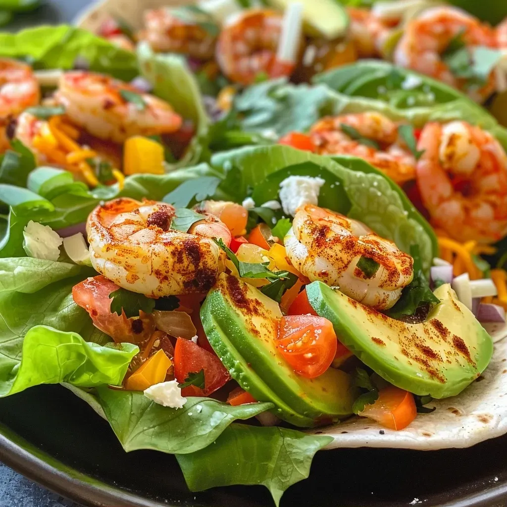 ['Close-up view of a low-carb shrimp wrap with fresh ingredients like avocado, lettuce, and cheese.', 'Side view of a colorful shrimp wrap showcasing shrimp, vegetables, and sauces on a flat surface.', 'Juicy shrimp wrap filled with vibrant vegetables and garnished with herbs, captured in high detail.', 'Appetizing low-carb shrimp wrap filled with shrimp, avocado, and a sprinkle of feta cheese.']