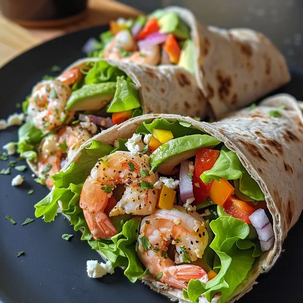 Close-up view of a low-carb shrimp wrap with fresh ingredients like avocado, lettuce, and cheese.