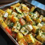 ['Close-up of a colorful roasted vegetable dish with feta cheese on top.', 'Side view of Feta Kartoffeln Ofengemüse featuring golden potatoes and vibrant vegetables.', 'Juicy roasted potatoes mixed with colorful veggies and crumbled feta from a close perspective.', 'A detailed shot of a baked vegetable medley topped with feta cheese and herbs.']
