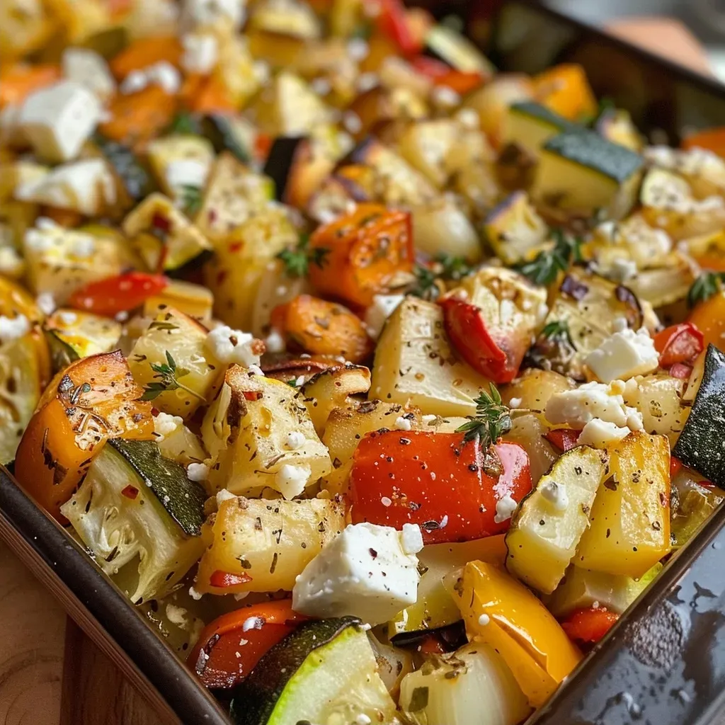 Close-up of a colorful roasted vegetable dish with feta cheese on top.