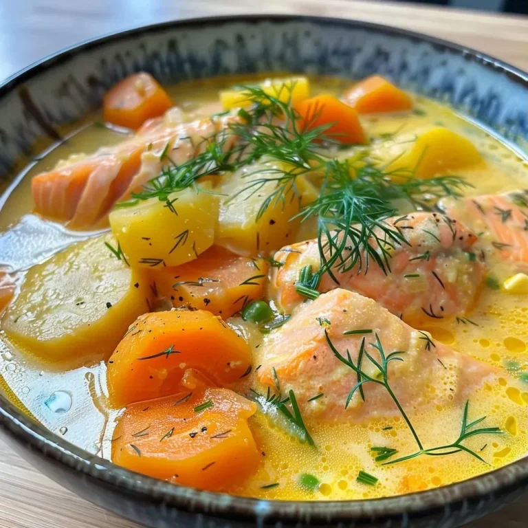 ['A close-up view of Finnish salmon soup with vibrant vegetables and herbs.', 'A side view of Lohikeitto featuring chunks of salmon and colorful carrots.', 'Detailed image of Finnische Lachssuppe showcasing creamy broth and fresh dill.', 'Close-up of a bowl of Finnish salmon soup with potatoes and leeks.']