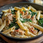 ['A close-up image of creamy spinach chicken pasta with visible pieces of chicken and spinach.', 'Side view of a bowl filled with Frischkäse Spinat Hähnchen Pasta showcasing its creamy texture and ingredients.', 'Juicy chicken and spinach pasta dish glistening with cream cheese sauce, served in a white bowl.', 'Close-up of a vibrant pasta dish featuring chicken, fresh spinach, and a rich creamy sauce.']