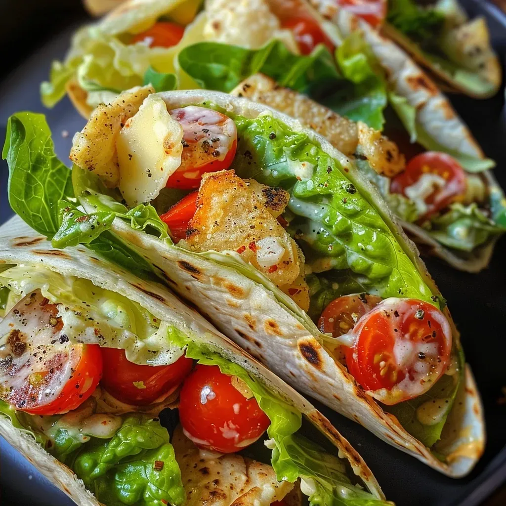['Close-up view of grilled shrimp Caesar wraps, showcasing fresh ingredients.', 'Juicy shrimp wrapped in whole grain tortillas, displayed with vibrant vegetables.', 'Side view of Caesar wraps filled with shrimp, lettuce, and cherry tomatoes.', 'Delicious garnalen Caesar wraps on a plate, ready to serve.']