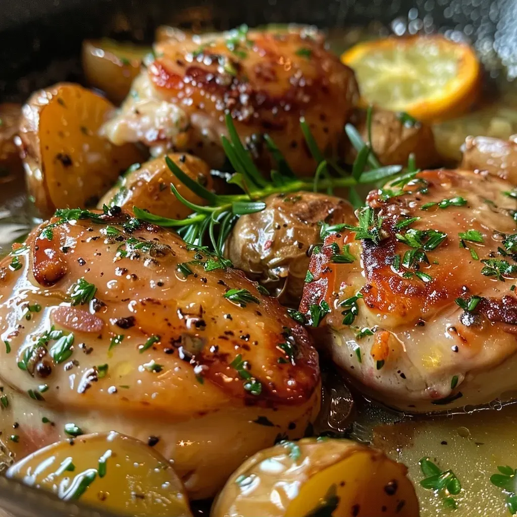 A close-up view of juicy shrimp in garlic butter, garnished with fresh parsley.