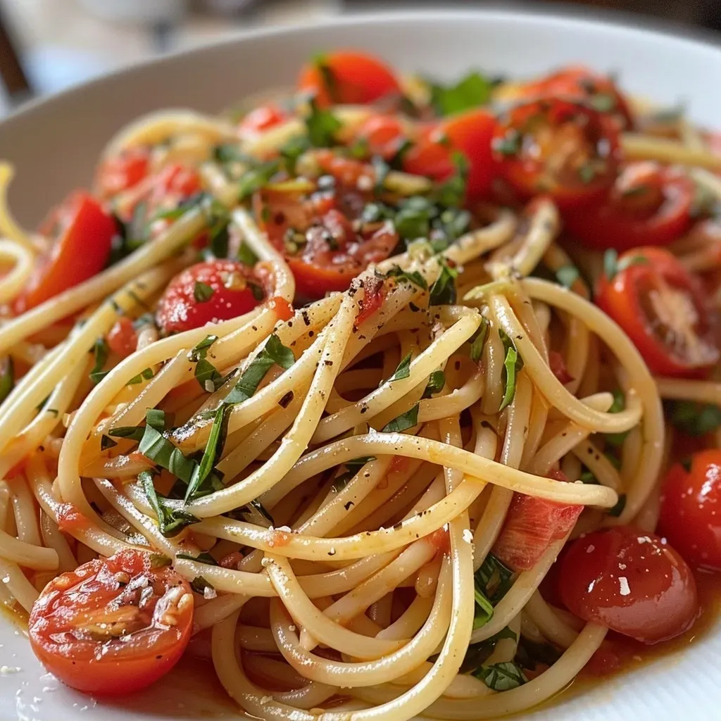 Close-up of a creamy shrimp pasta dish with vibrant tomatoes and herbs.
