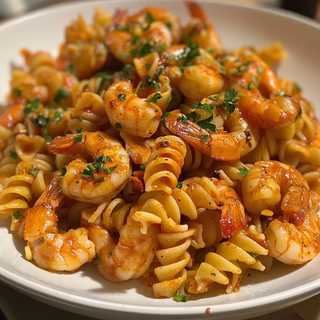 Close-up of Garnelen Scampi Nudelauflauf with pasta and shrimp, garnished with parsley.