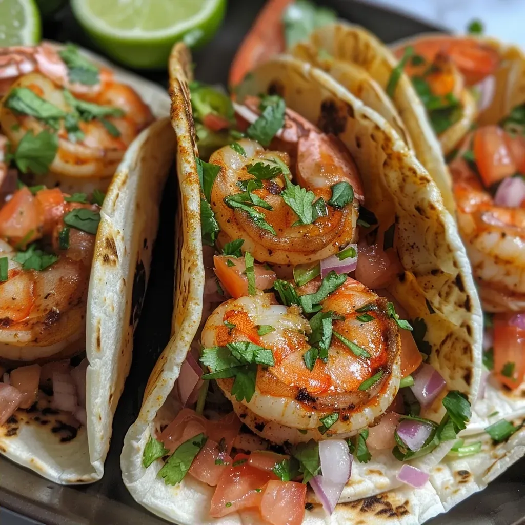 Close-up view of garnelen tacos with colorful fruit salsa on wooden table.