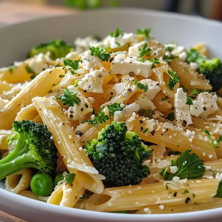 ['A close-up side view of baked pasta with feta and broccoli, showcasing the creamy texture and colorful ingredients.', 'A delicious serving of gebackene Pasta mit Feta und Brokkoli, highlighting the golden-brown top and fresh green broccoli.', 'A vibrant dish of baked pasta, feta cheese crumbles, and broccoli, captured from the side to emphasize the layered ingredients.', 'A mouth-watering image of pasta with melted feta and broccoli, displaying a rich sauce and topped with grated Parmesan.']