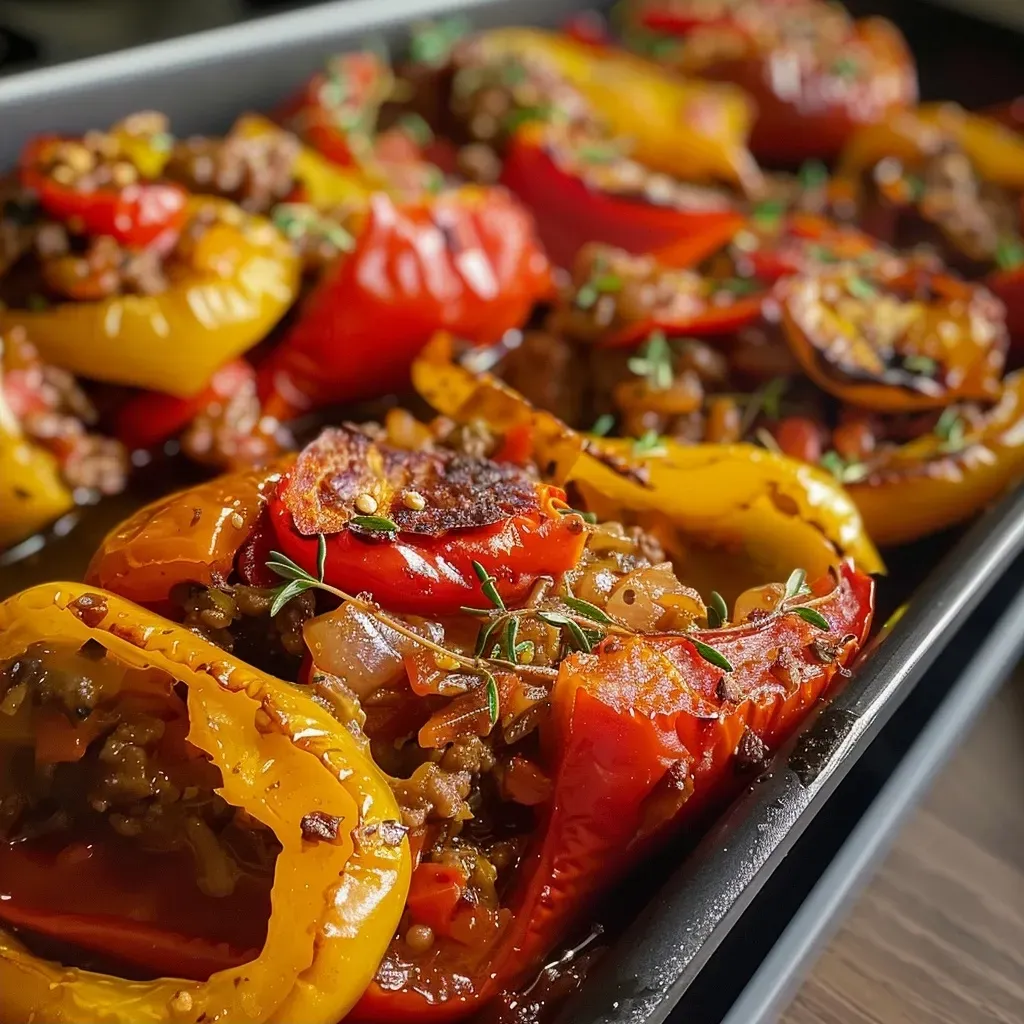 ['Juicy stuffed bell peppers filled with ground meat, viewed from the side.', 'Close-up of colorful stuffed peppers, showcasing the meat filling.', 'Side view of baked peppers filled with a savory mixture of ground beef and spices.', 'Mouthwatering view of baked stuffed bell peppers, highlighting their meaty interior.']