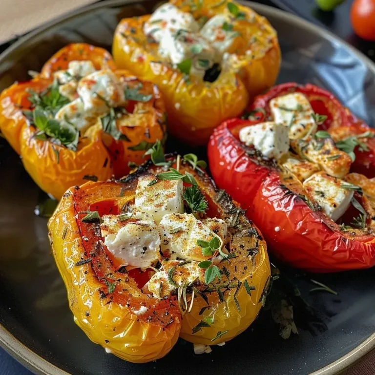 ['Close-up view of stuffed bell peppers filled with rice and feta cheese, garnished with parsley.', 'Juicy, colorful bell peppers stuffed with rice and feta, showcasing vibrant ingredients.', 'A side view of grilled bell peppers, filled with a rice and feta mixture, highlighted in fresh colors.', 'Deliciously presented stuffed peppers with a rich filling of rice, feta, and herbs, captured on a plate.']