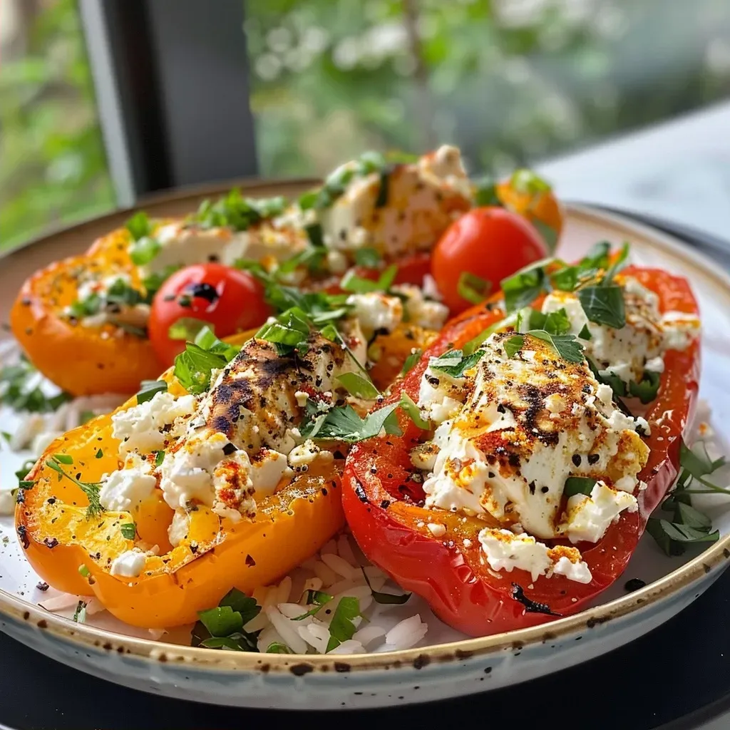 Close-up view of stuffed bell peppers filled with rice and feta cheese, garnished with parsley.