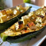 ['Close-up view of stuffed zucchini with feta, showcasing vibrant colors and textures.', 'Side angle of baked zucchini filled with feta and vegetables, highlighting its juicy appearance.', 'Detailed image of stuffed zucchini with a golden crust, featuring crumbled feta cheese and fresh herbs.', 'Juicy stuffed zucchini with feta and colorful vegetables, captured in a close-up, appetizing shot.']