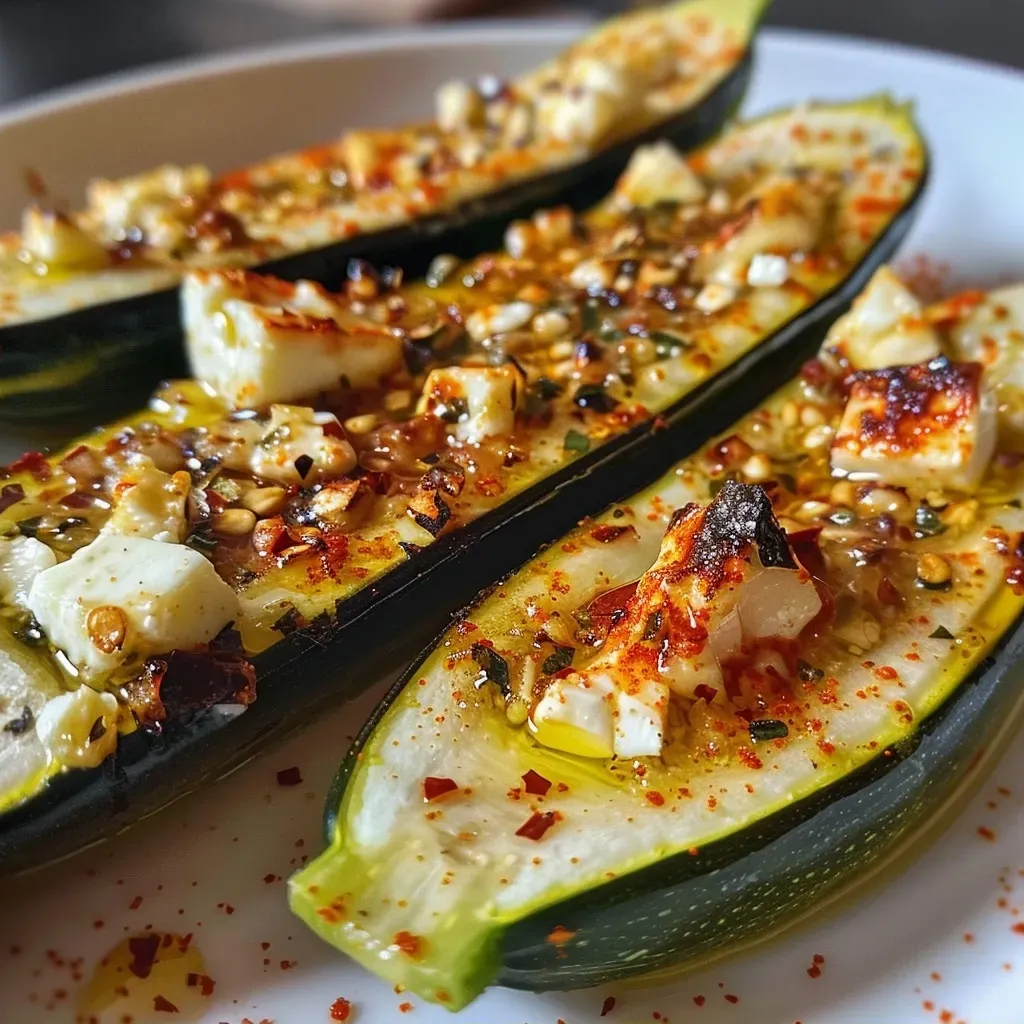 ['Close-up view of stuffed zucchini with feta, showcasing vibrant colors and textures.', 'Side angle of baked zucchini filled with feta and vegetables, highlighting its juicy appearance.', 'Detailed image of stuffed zucchini with a golden crust, featuring crumbled feta cheese and fresh herbs.', 'Juicy stuffed zucchini with feta and colorful vegetables, captured in a close-up, appetizing shot.']