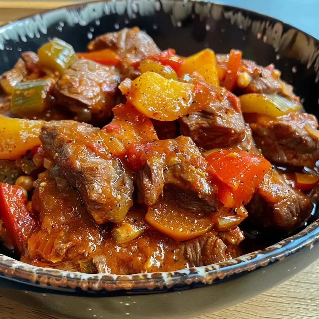 ['Juicy baked stuffed peppers loaded with ground meat and cheese.', 'Close-up of colorful bell pepper casserole topped with melted cheese.', 'A side view of a hearty paprika casserole, ingredients visible.', 'Delicious stuffed peppers with a golden cheese crust, presented in a dish.']