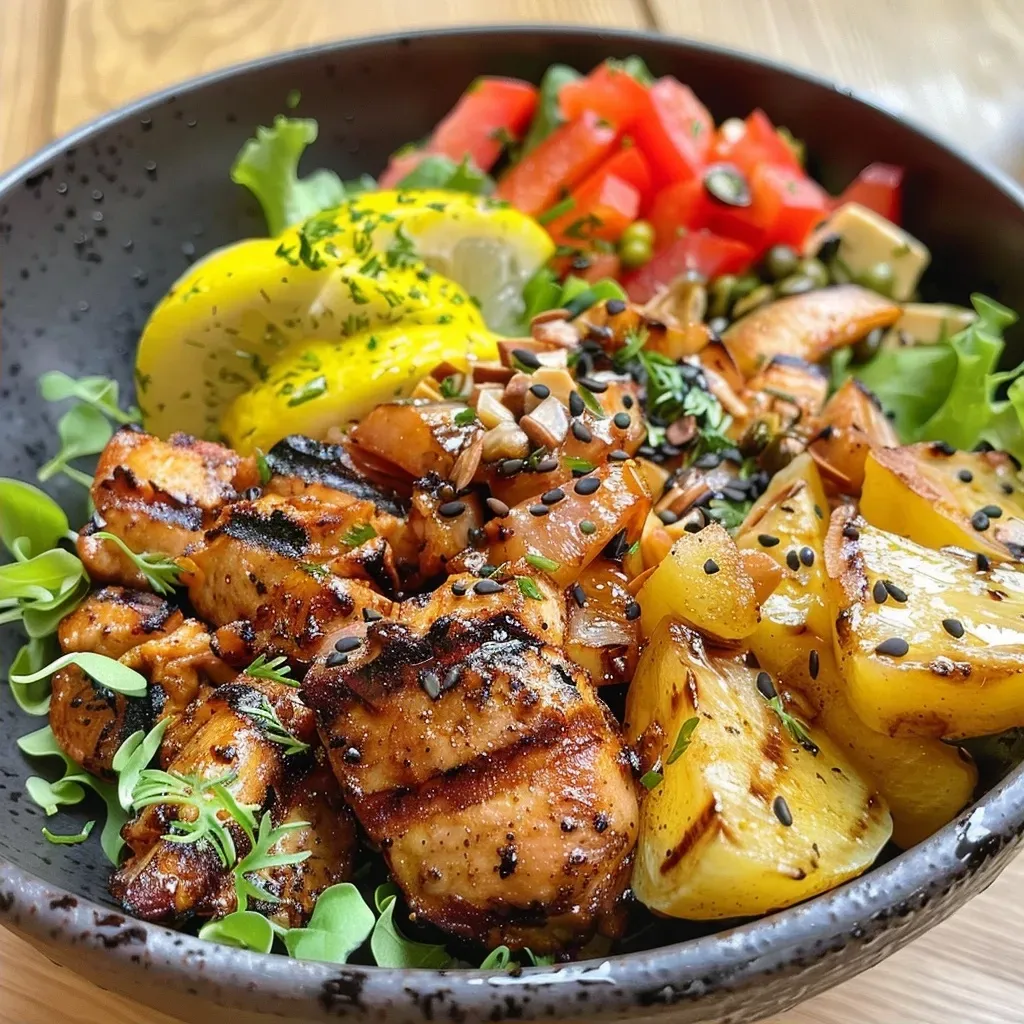 ['A close-up side view of a vibrant Gegrillte Garnelen Bowl featuring grilled shrimp, avocado, and corn salsa.', 'Juicy grilled shrimp bowl with a creamy sauce, avocado, and corn seen in a side view.', 'Detailed view of a Gegrillte Garnelen Bowl showcasing shrimp, avocado, and colorful salsa.', 'Side angle of a delicious shrimp bowl filled with avocado, corn, and a rich creamy dressing.']