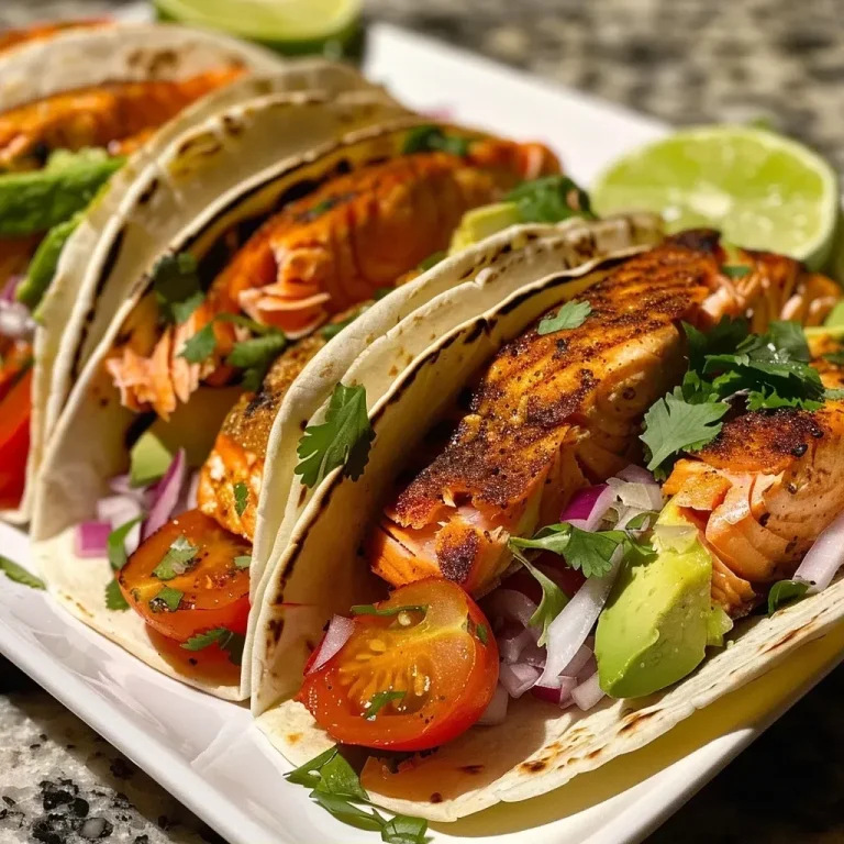 ['Close-up view of grilled salmon tacos topped with avocado salsa and lime.', 'Side view of juicy grilled salmon tacos, garnished with diced avocado and cherry tomatoes.', 'Platter of salmon tacos featuring fresh ingredients like cilantro and red onion.', 'Delicious grilled salmon tacos on a plate, adorned with cabbage and lime slices.']