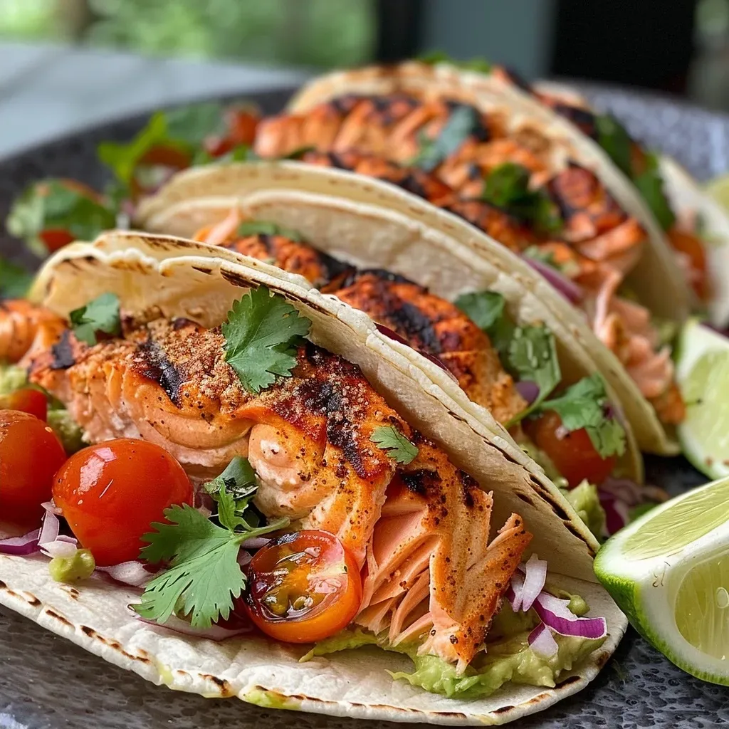 ['Close-up view of grilled salmon tacos topped with avocado salsa and lime.', 'Side view of juicy grilled salmon tacos, garnished with diced avocado and cherry tomatoes.', 'Platter of salmon tacos featuring fresh ingredients like cilantro and red onion.', 'Delicious grilled salmon tacos on a plate, adorned with cabbage and lime slices.']