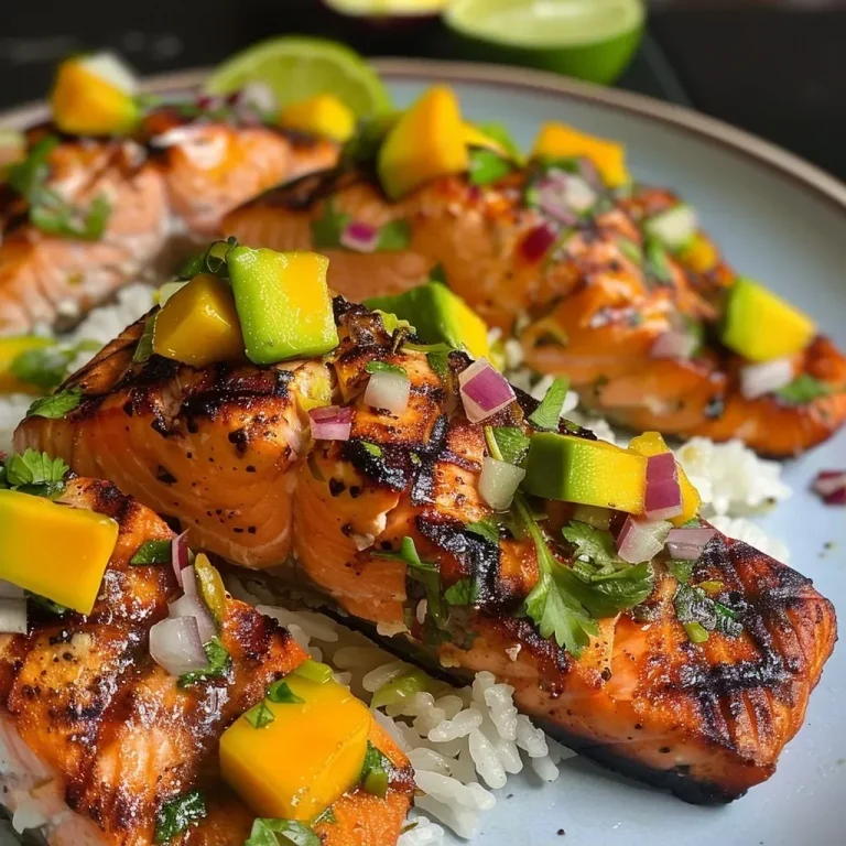 ['Juicy grilled salmon fillet topped with colorful mango salsa and served with fluffy coconut rice.', 'Close-up of grilled salmon garnished with mango salsa, accompanied by a side of creamy coconut rice.', 'A vibrant plate featuring grilled salmon, mango salsa, and coconut rice, showcasing fresh ingredients.', 'Side view of succulent grilled salmon topped with diced mango and served with coconut-infused jasmine rice.']