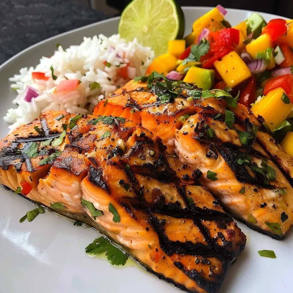 ['Juicy grilled salmon fillet topped with colorful mango salsa and served with fluffy coconut rice.', 'Close-up of grilled salmon garnished with mango salsa, accompanied by a side of creamy coconut rice.', 'A vibrant plate featuring grilled salmon, mango salsa, and coconut rice, showcasing fresh ingredients.', 'Side view of succulent grilled salmon topped with diced mango and served with coconut-infused jasmine rice.']