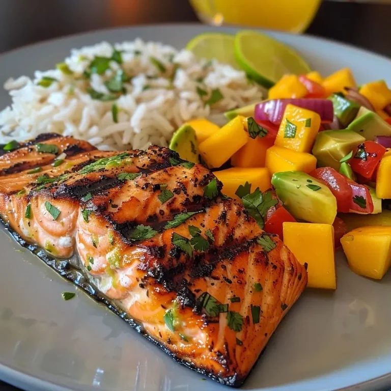 ['Close-up of grilled salmon fillet topped with vibrant mango salsa and served with coconut rice.', 'Juicy grilled salmon alongside colorful mango salsa and fluffy coconut rice on a plate.', 'Side view of a succulent grilled salmon piece garnished with mango salsa and accompanied by coconut rice.', 'Grilled salmon fillet with chunks of mango salsa and a side of creamy coconut rice presented attractively.']